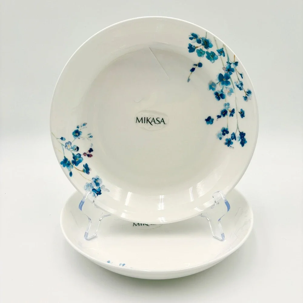 Mikasa Audrey Bone China 8.5in Pasta Bowls Set of 2 Blue Floral White